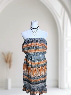 Mlle Gabrielle Strapless Geometric Print Ruffle Midi Dress Size 22